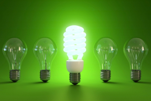 illuminated LED light in between regular light bulbs depicting energy efficiency