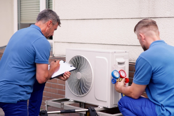 HVAC technicians assessing air conditioner unit