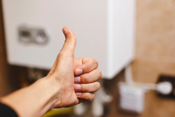 Homeowner near the home's central heating & boiler system with thumb raised depicting choosing the best boiler