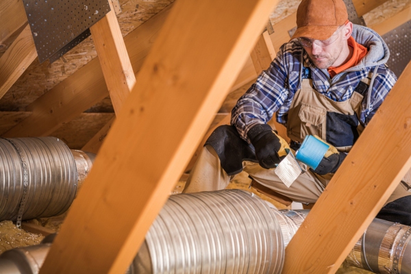 professional worker sealing ductwork in the attic