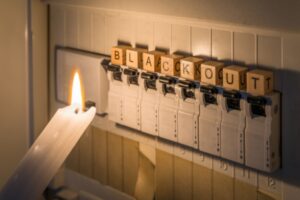 blackout spelled using wooden blocks placed on top of fuse box switches lit by a candle depicting generator issues