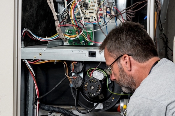 HVAC technician tending to a furnace shutting down after reset