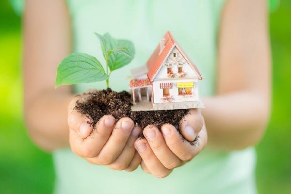 holding green plant and house depicting environmentally friendly propane fuel